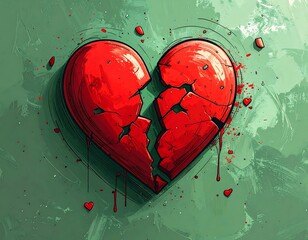 Fractured red heart with dripping paint-like effect against a textured, muted green background