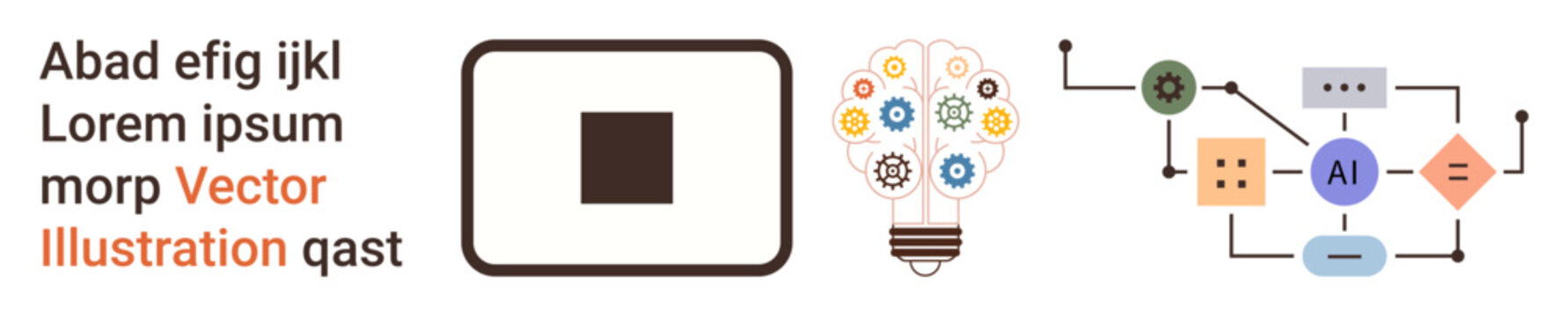 Artificial intelligence, technology innovation, data processing, brainstorming, problem solving, creativity. Flowchart with data symbols and AI image, light bulb with gear icons. AI and technology