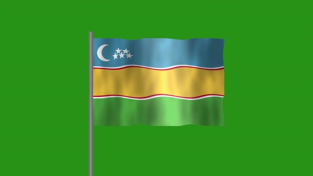 Flag of karakalpakstan, Pole flag of karakalpakstan on Green screen chroma key, karakalpakstan 3D Animation flag waving in the wind isolated on Green Background. 
