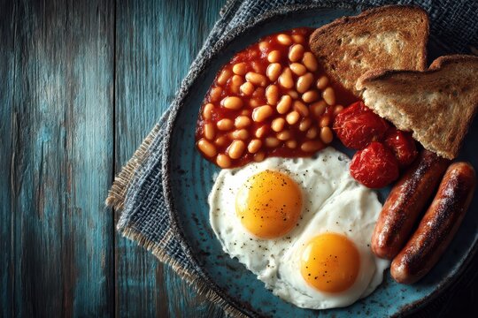 Full English breakfast with fried eggs, baked beans, sausages, toast, and roasted tomatoes
