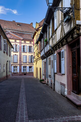 Colourful facades in the narrow streets of the old town of Colmar, Alsace, France.