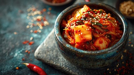Korean kimchi cabbage fermenting in a rustic bowl
