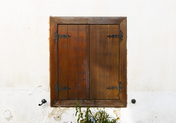 Closed wooden window shutter with black metal hinges and hooks on cracked white wall, weathered texture and plant leaves below, isolated editable mock-up with rustic architectural surface detail.