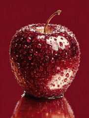 Glossy red apple with water droplets on red background  