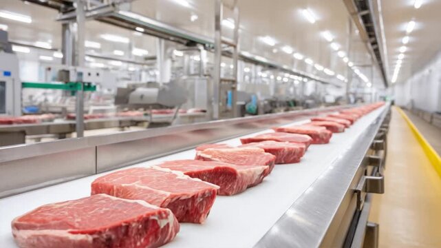A modern meat processing facility featuring a conveyor belt with fresh cuts of beef ready for packaging.