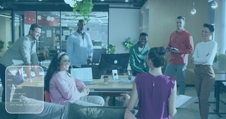 Animation of data processing and digital screens over diverse colleagues discussing work in office - Powered by Adobe