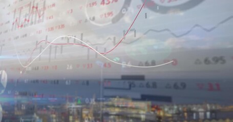 Animation of financial data processing over cityscape - Powered by Adobe