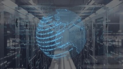 Animation of digital data processing and globe over computer servers - Powered by Adobe