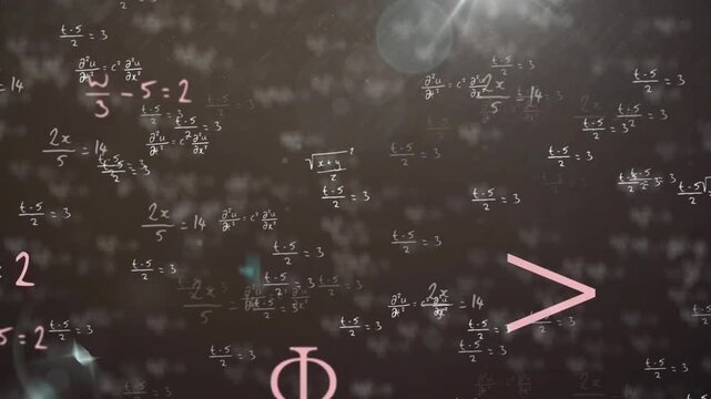 Animation of mathematical equations with symbols on black background