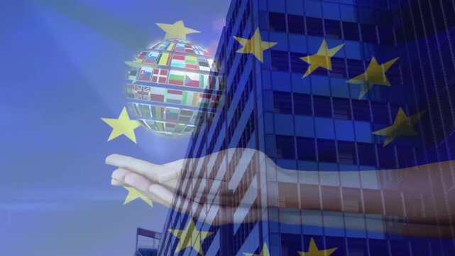 Hand holding globe with flags animation over European Union stars and building