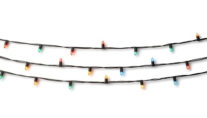 A string of colorful Christmas lights on a white background