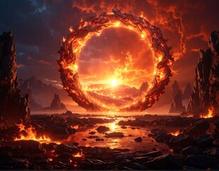 Fiery portal in a rocky landscape, dramatic sky above with fiery clouds reflecting in the water below