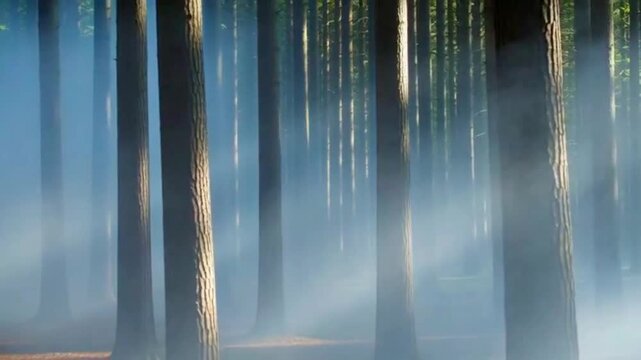 Mist swirls between trunks in a forest. Soft diffused light, muted cool tones, mysterious and atmospheric mood, slow drifting camera movement. video