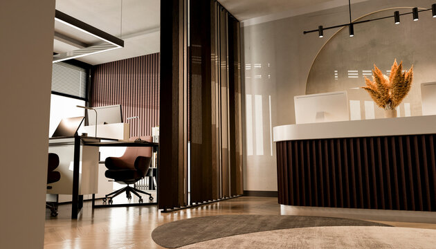 Modern office workspace with computer desks and reception counter