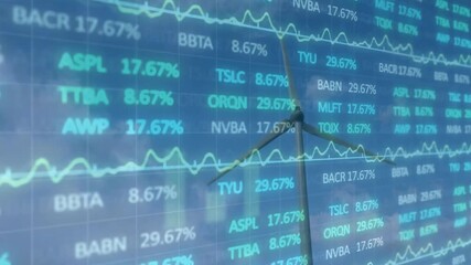 Wind turbine tower displaying financial data overlay with teal ticker symbols and charts - Powered by Adobe