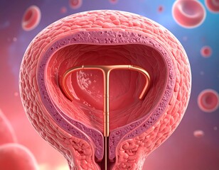 Cutaway uterus with an IUD, showing anatomy and uterine lining. Blood cells float in the background