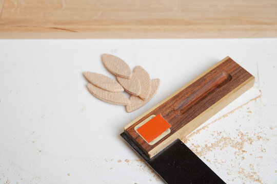 Try square and biscuits on woodworking table in Schaeftlarn Bavaria