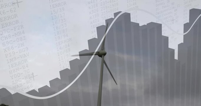 Wind turbine spinning among 3D grey bar chart columns, showing white trend line over data text