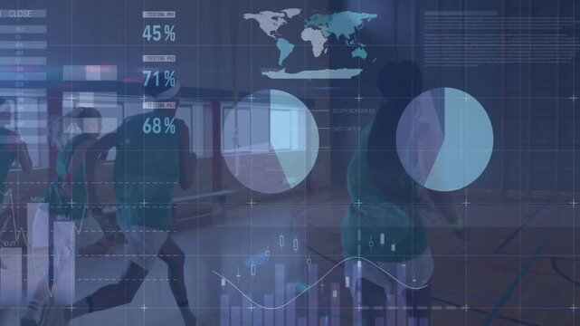Female athletes running across fitness studio, displaying animated pie charts bar graphs world map
