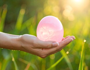 Hand holds a pink, water-filled balloon outdoors in bright sunlight, with grass and greenery in the background