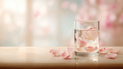 Pink rose petals floating in glass of water with soft background  