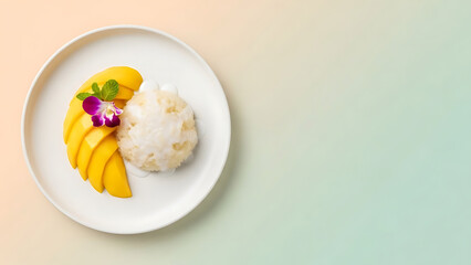 Slices of ripe yellow mango and a mound of sweet sticky rice sit on a round white plate against a soft gradient background.