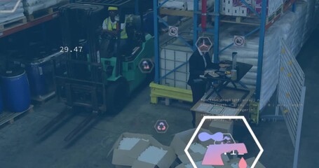 Warehouse worker operating forklift near desk, displaying hexagon graphics with CO2 recycling icons - Powered by Adobe