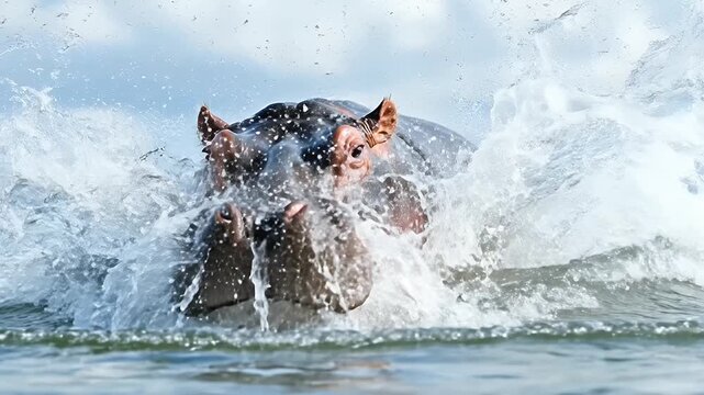 Hippopotamus Emerges from Water, Splashing and Creating Waves in the River.