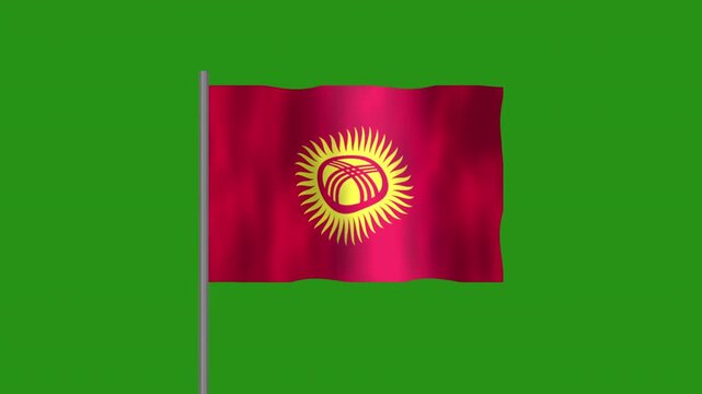 Flag of Kyrgyzstan, Pole flag of Kyrgyzstan on Green screen chroma key, Kyrgyzstan 3D Animation flag waving in the wind isolated on Green Background. 
