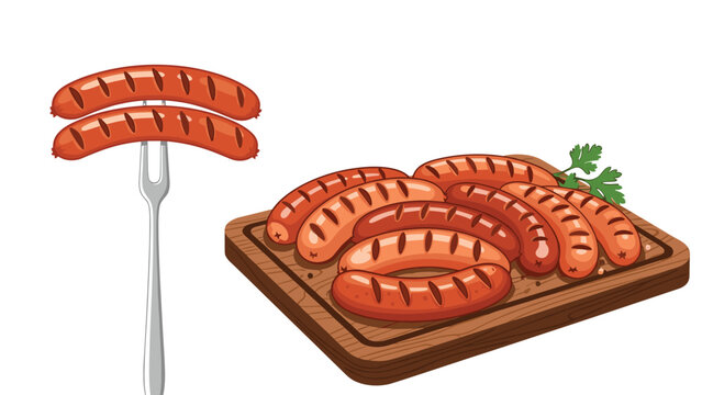 Delicious grilled sausages served on a wooden cutting board with parsley and two sausages speared on a fork, in a cartoon style.