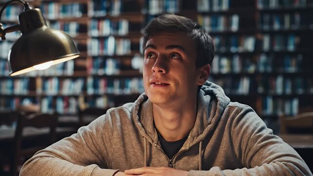 Young Man Studying in Library Under Lamp Light.