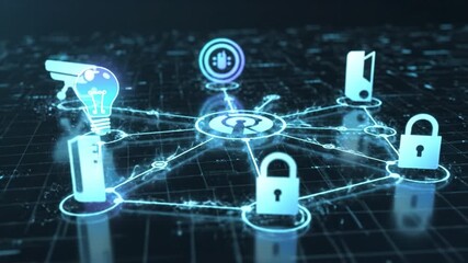 Connected smart devices network showing padlock sensor camera lightbulb hub icons linked by glowing circuitry conveying cybersecurity Internet of Things protection glowing lightbulb blue glow digital - Powered by Adobe