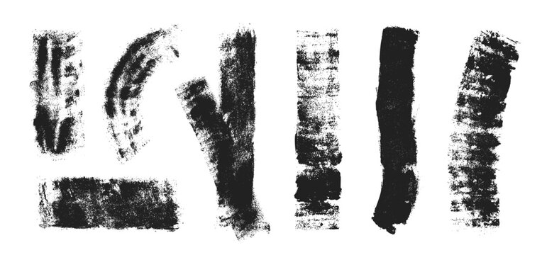 Black roller brush strokes set isolated on white. Vector realistic illustration of grunge ink line with rough texture, street art element, urban graffiti streak, abstract hand drawn smear, paint stain