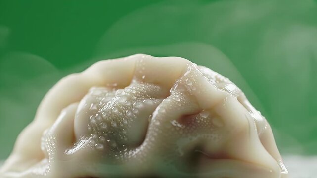 Close-up of a delicious dumpling with a green background, food photography.