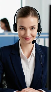 A Professional Female Customer Service Representative Wearing a Headset in an Office Environment, Displaying Confidence and Readiness to Assist Clients