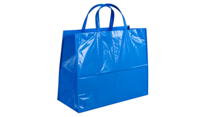 Shiny blue tote bag with handles, standing upright against a black background
