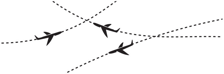 Airplane flight path pattern illustration. Minimal airplane icons with dashed flight routes on white background, representing air travel, navigation, and global transportation concept.   © Shyamali