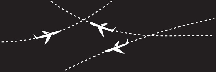 Airplane flight path pattern illustration. Minimal airplane icons with dashed flight routes on black background, representing air travel, navigation, and global transportation concept.   © Shyamali