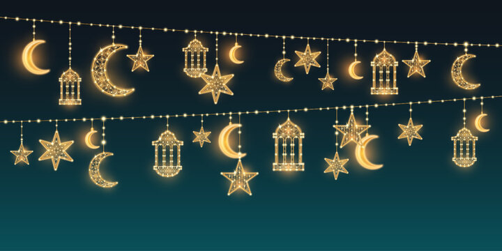 Eid Ramadan lights garland on dark blue background. Vector realistic illustration of golden crescent, star, lantern pendants glowing in night darkness, golden lamp ornament, islamic religious poster