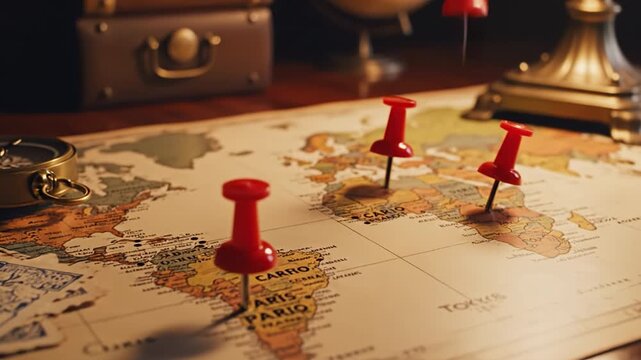 Red pushpin markers vintage world map with compass and travel case suggesting journey planning and nostalgic exploration vintage travel map with red pushpin marking destination South America