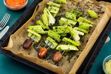 Fresh Vegetable Kebabs on Wooden Table