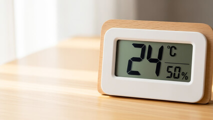 室内で快適な温度24度と湿度50%を表示するデジタル温度計・湿度計