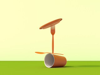 Stacked plastic fork plate and cup balancing symbolically on green surface