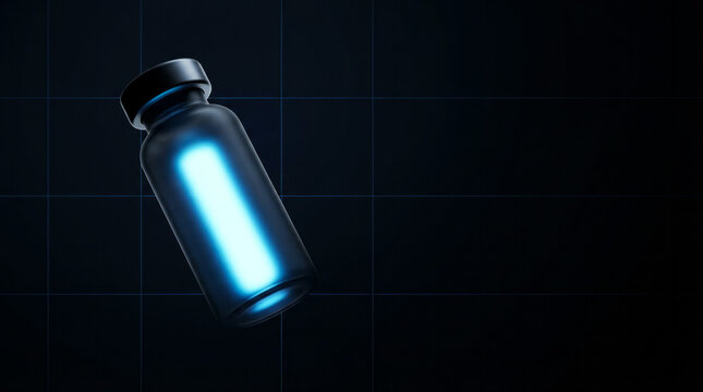Glowing Medical Vial on Dark Background Health Science Pharmaceutical. Concept featuring vial, medical, glowing, dark background, health.