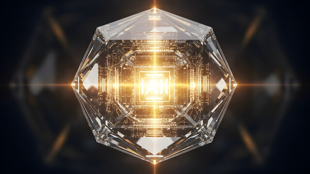 A mesmerizing transparent crystal polyhedron with an internal radiant light source, symbolizing advanced technology, digital energy, and the intricate beauty of scientific innovation