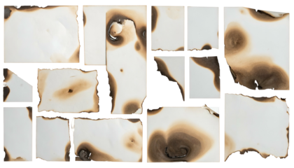 Abstract artwork of rectangular shapes with burnt edges and charred areas