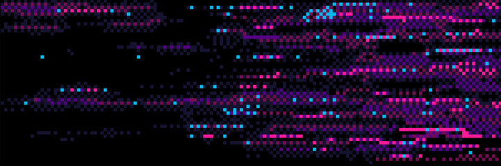 Digital glitch texture with pixelated noise effect. Vector realistic illustration of abstract video rewind pattern on black screen background, static noise overlay, retro tv display, signal distortion