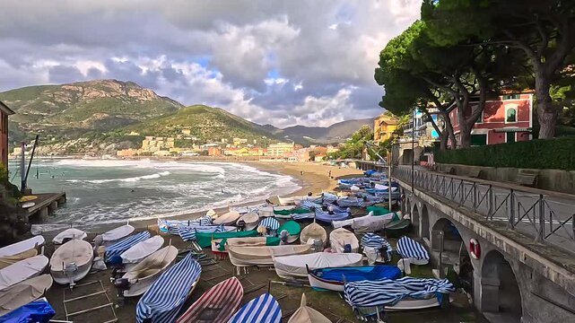 Fishing boats at sea. Nature in mountains and traditional buildings of Italy, Liguria. Levanto, background for design. 