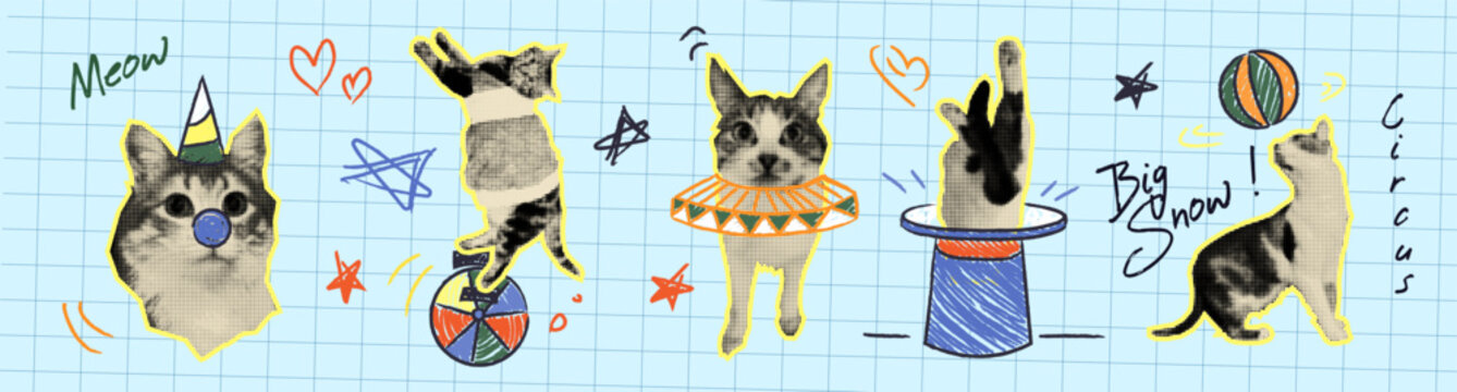 Halftone cats with doodle circus items on grid background. Vector realistic illustration of funny pets playing with hand drawn clown nose, color ball, vintage hat, cute pet meme art, collage stickers
