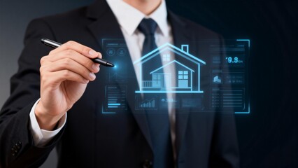 Businessman interacting with digital house icon